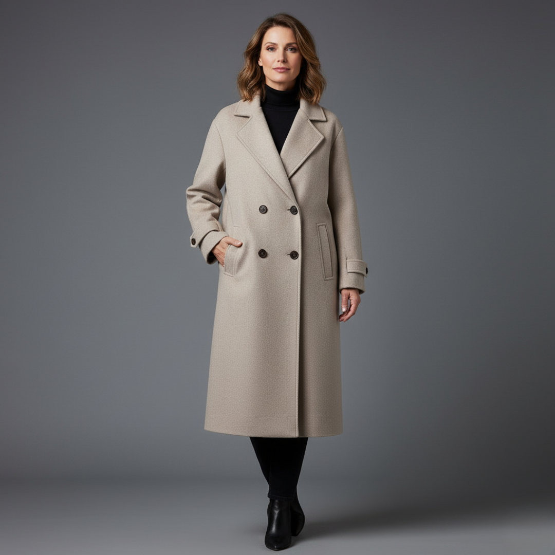 Amara Women’s Wool Coat – Elegant Double-Breasted Long Winter Overcoat