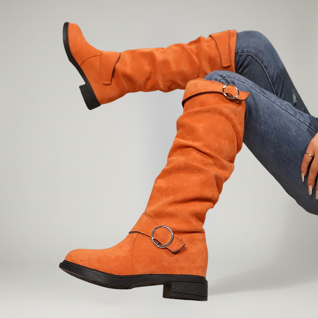 Elana Women’s Knee High Boots – Slouch Pull-On Winter Boots with Buckle Detail