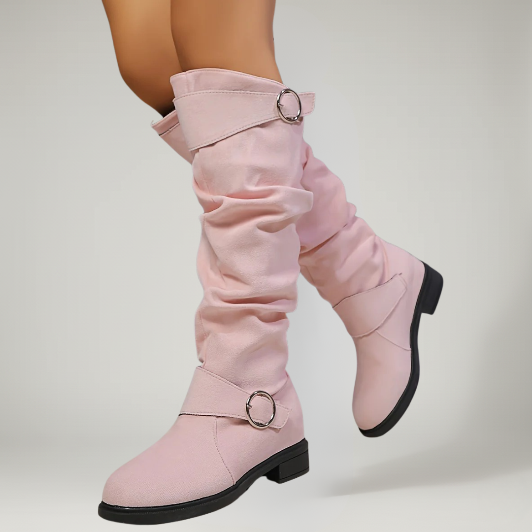 Elana Women’s Knee High Boots – Slouch Pull-On Winter Boots with Buckle Detail