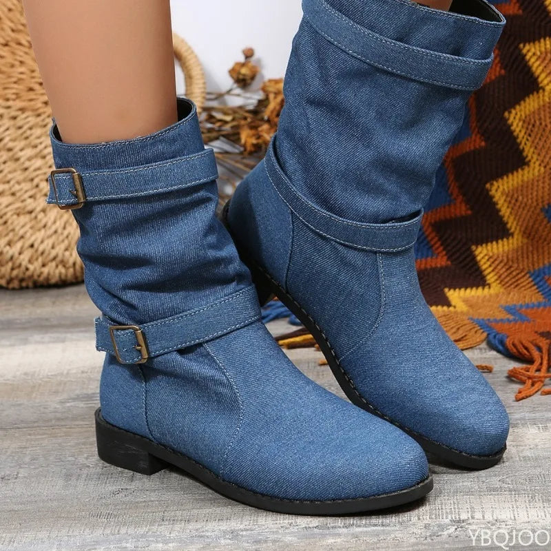 Harlene Women’s Ankle Boots – Denim Slouch Buckle Strap Winter Booties