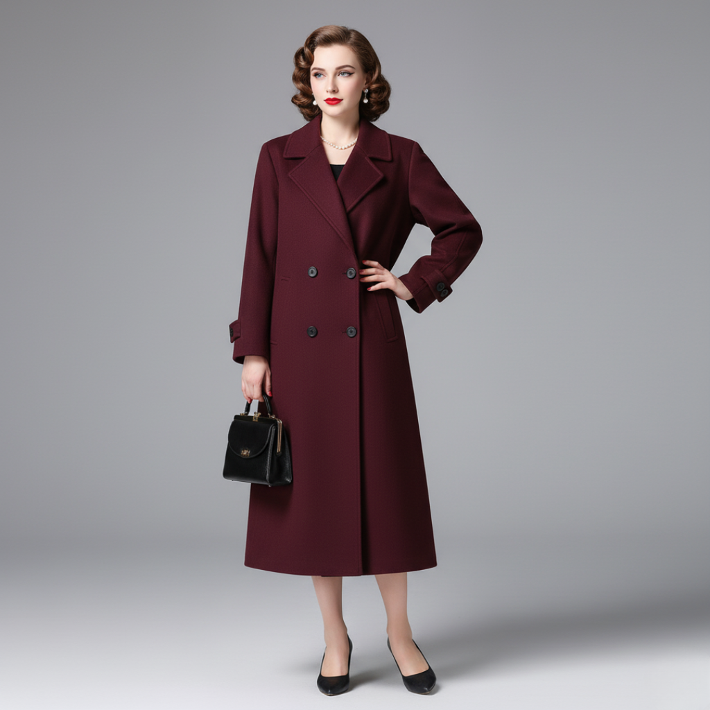 Amara Women’s Wool Coat – Elegant Double-Breasted Long Winter Overcoat