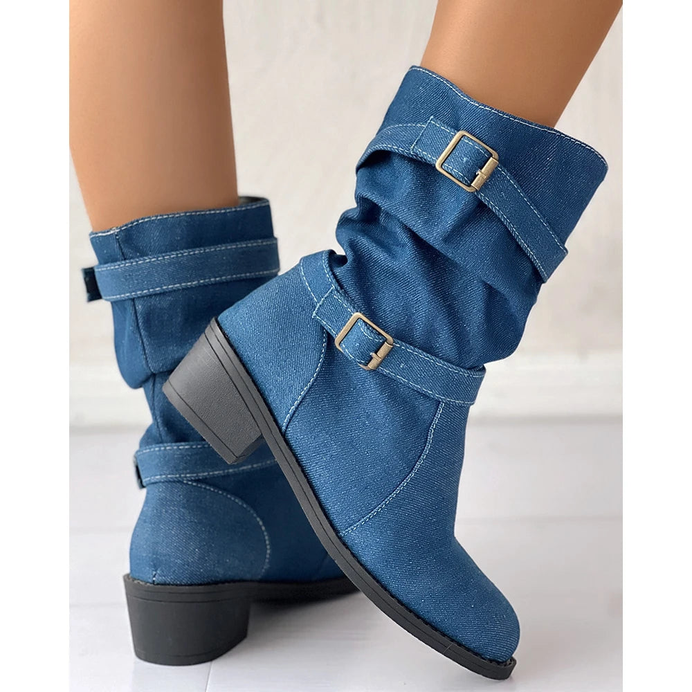 Harlene Women’s Ankle Boots – Denim Slouch Buckle Strap Winter Booties