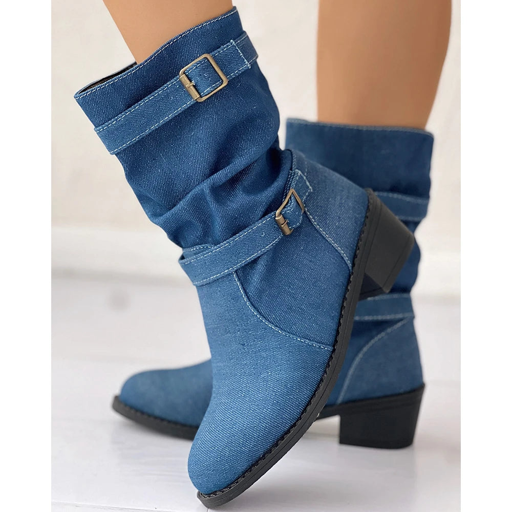 Harlene Women’s Ankle Boots – Denim Slouch Buckle Strap Winter Booties