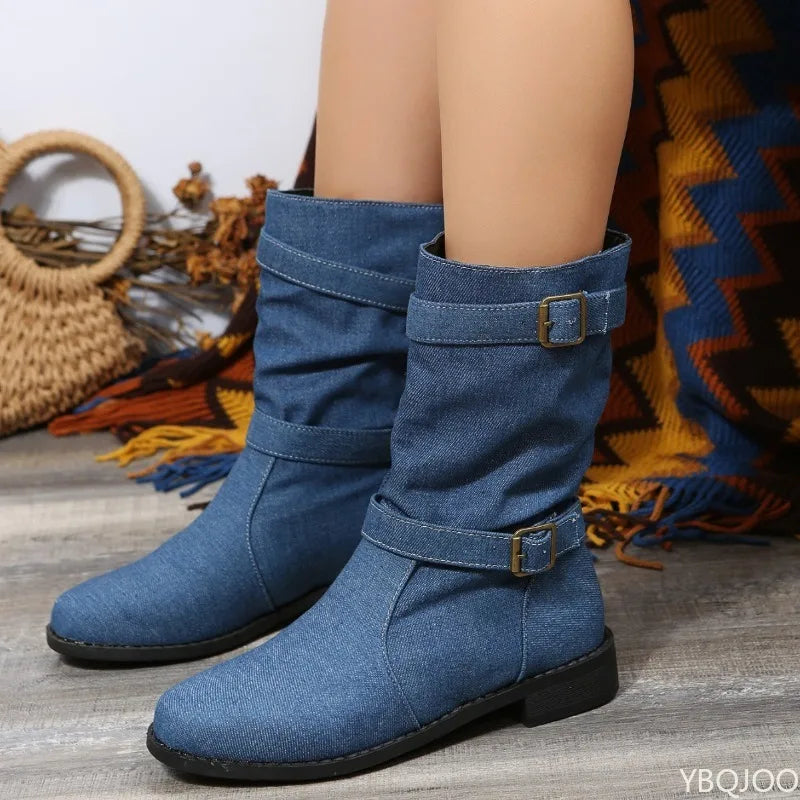 Harlene Women’s Ankle Boots – Denim Slouch Buckle Strap Winter Booties