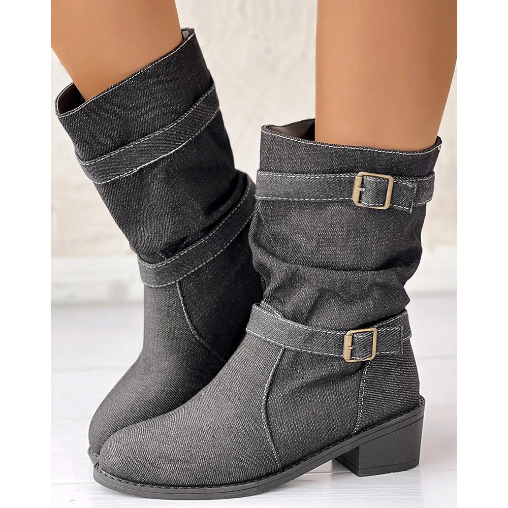 Harlene Women’s Ankle Boots – Denim Slouch Buckle Strap Winter Booties