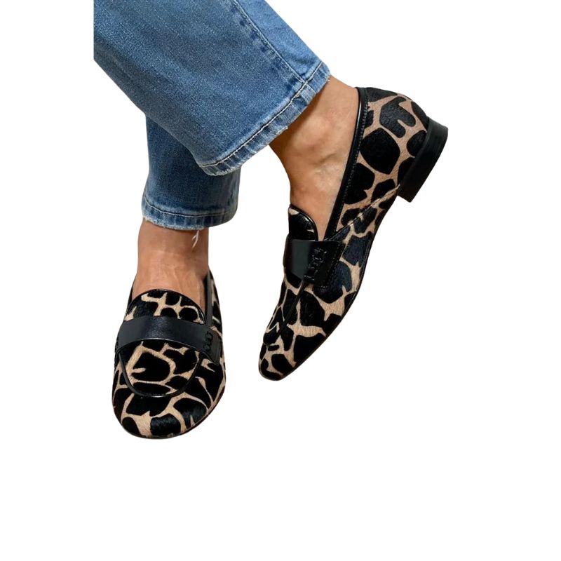 Clara Women's Animal Print Loafers – Elegant Slip-On Flats with Black Accent Strap