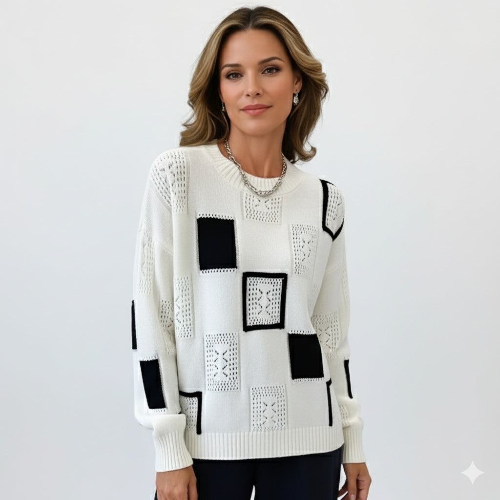 Hannah Women’s Crew Neck Sweater – Geometric Knit Pullover with Relaxed Fit