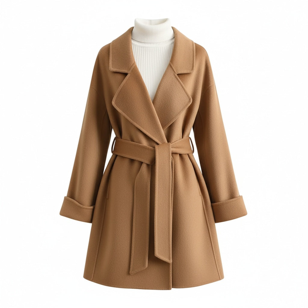 Aniza Women’s Wool Wrap Coat – Wide Lapel & Belted Waist for Flattering Winter Style