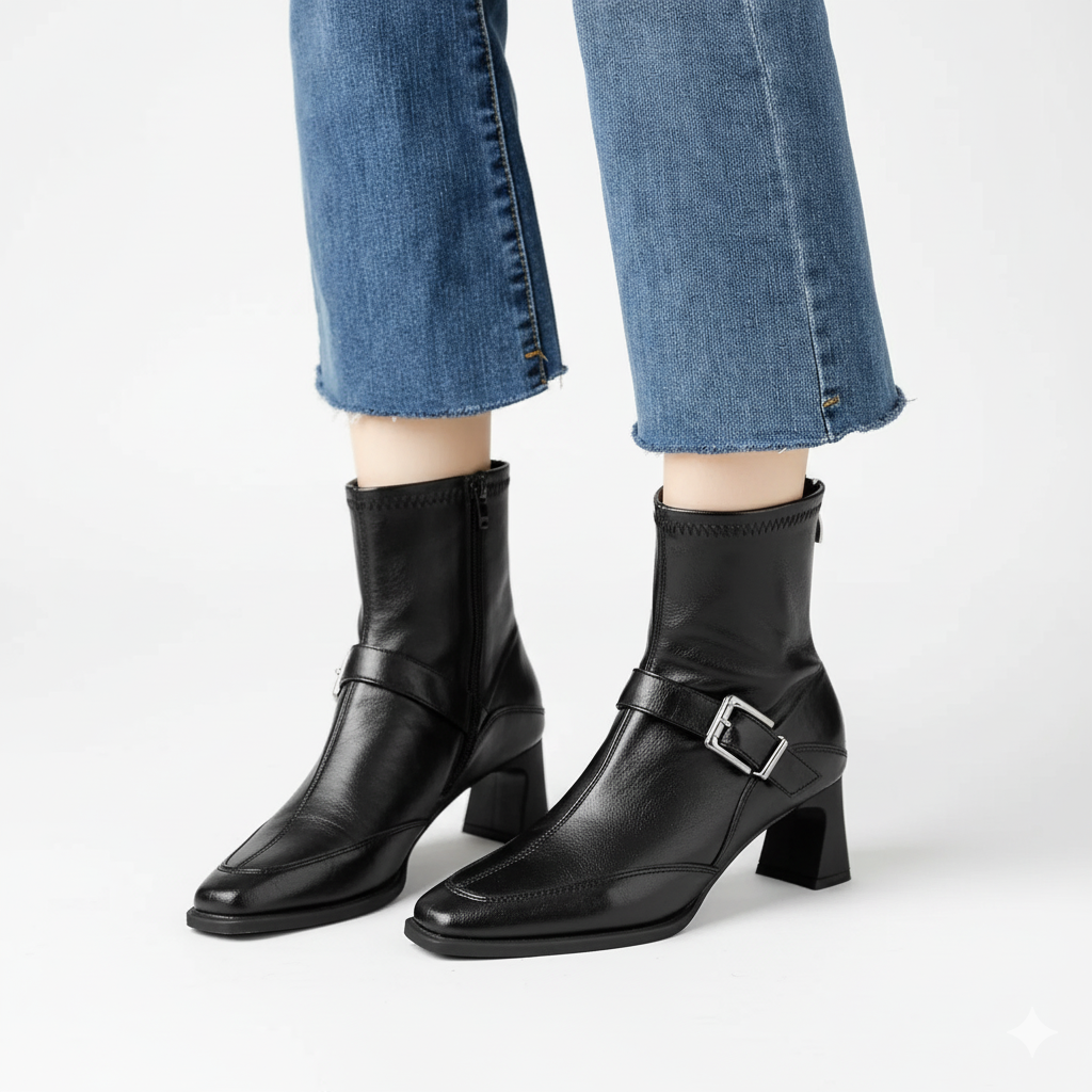 Clara Women’s Vegan Leather Ankle Boots – Buckle Detail Block Heel Booties for Fall and Winter Fashion