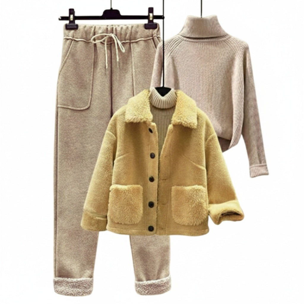 Alina Women’s Lounge Set – Cotton Blend Sweater, Trousers & Teddy Jacket