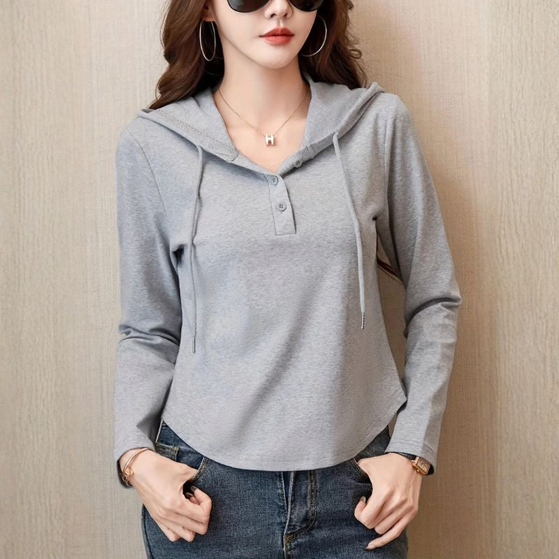 Cassia Women’s Pullover Hoodie – Cotton Stretch Henley Top