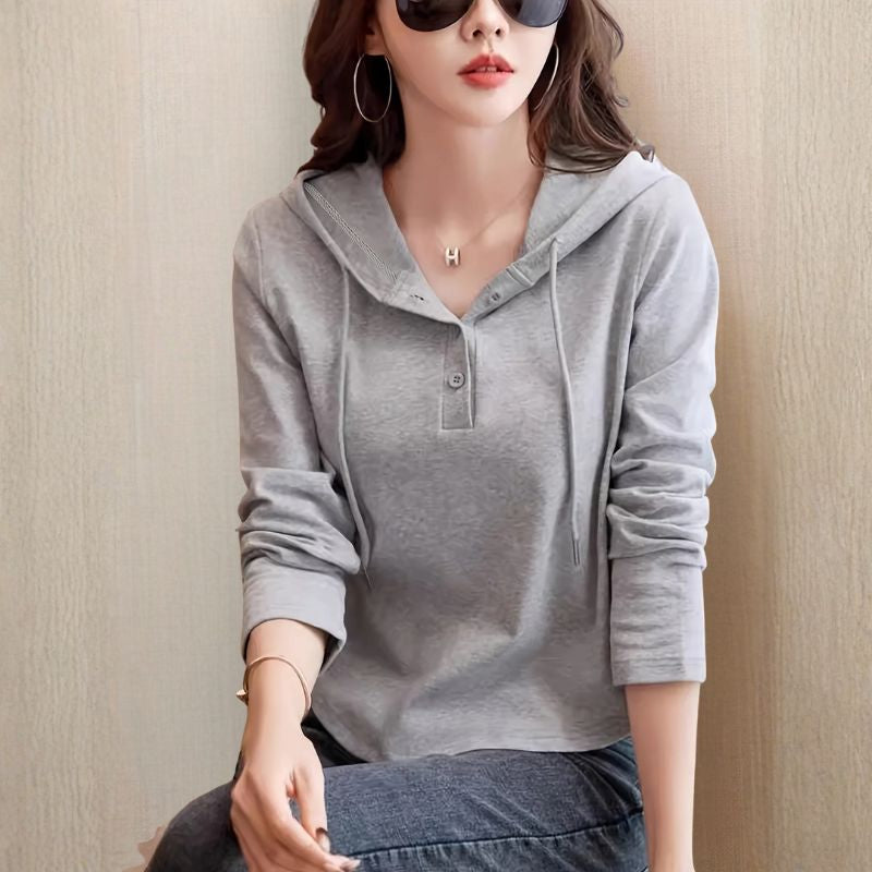 Cassia Women’s Pullover Hoodie – Cotton Stretch Henley Top
