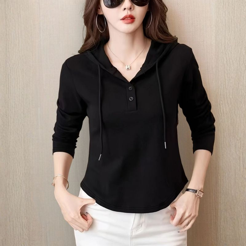 Cassia Women’s Pullover Hoodie – Cotton Stretch Henley Top