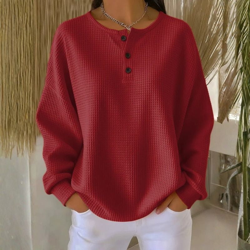 Dahlia Women’s Pullover Sweater – Soft Waffle Knit Henley for Cozy Everyday Layering