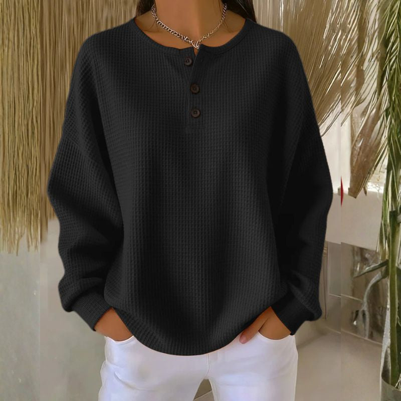 Dahlia Women’s Pullover Sweater – Soft Waffle Knit Henley for Cozy Everyday Layering