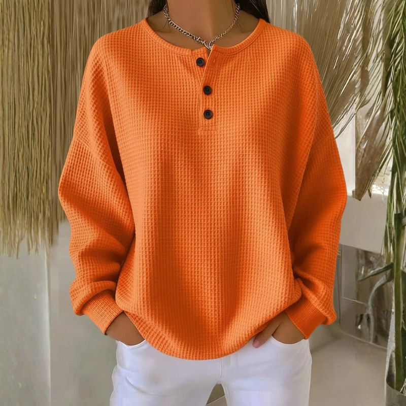 Dahlia Women’s Pullover Sweater – Soft Waffle Knit Henley for Cozy Everyday Layering