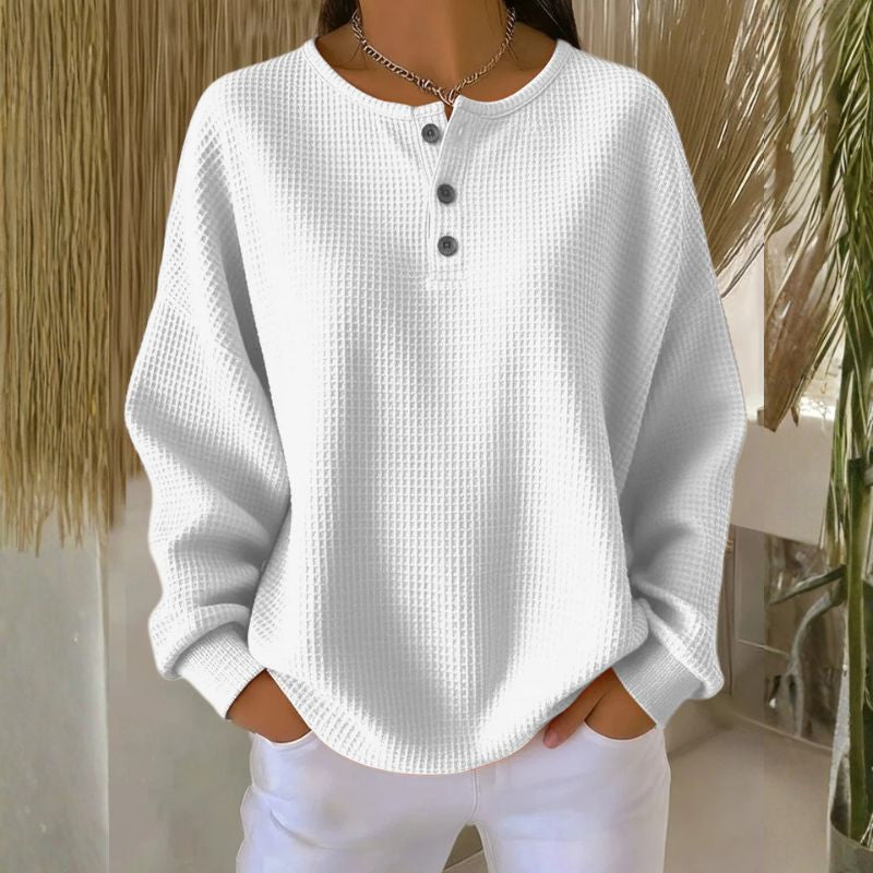 Dahlia Women’s Pullover Sweater – Soft Waffle Knit Henley for Cozy Everyday Layering