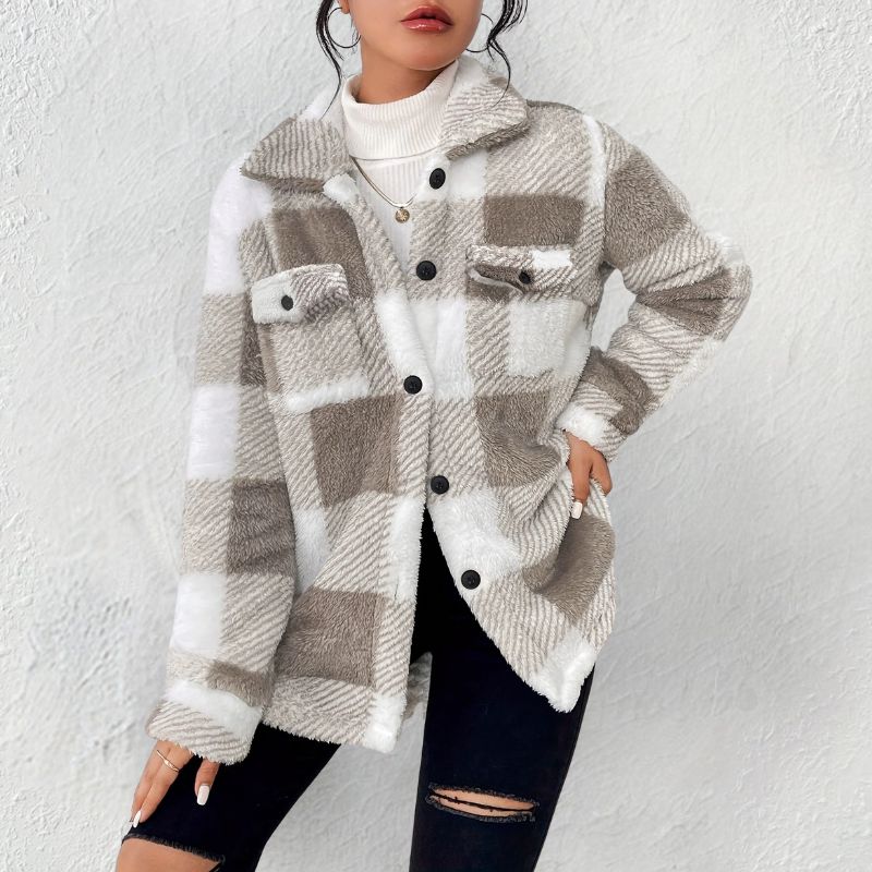 Delia Women’s Winter Jacket – Soft Knit Button-Front Plaid Jacket for Cold Weather