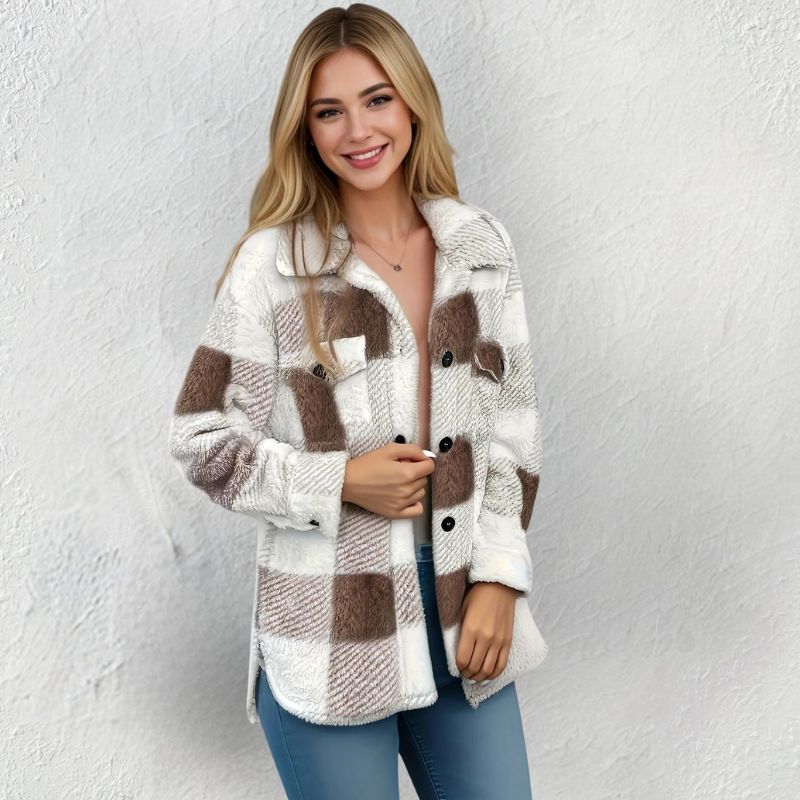 Delia Women’s Winter Jacket – Soft Knit Button-Front Plaid Jacket for Cold Weather