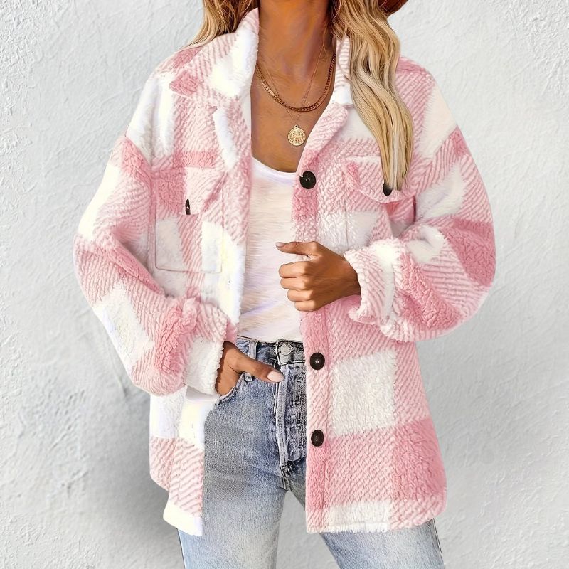 Delia Women’s Winter Jacket – Soft Knit Button-Front Plaid Jacket for Cold Weather