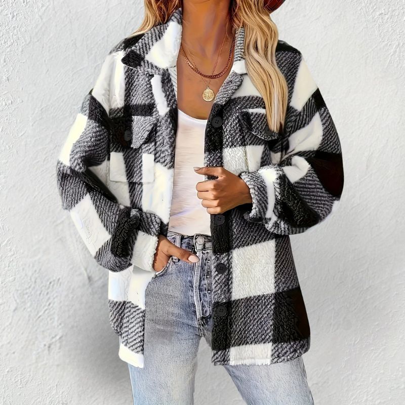 Delia Women’s Winter Jacket – Soft Knit Button-Front Plaid Jacket for Cold Weather