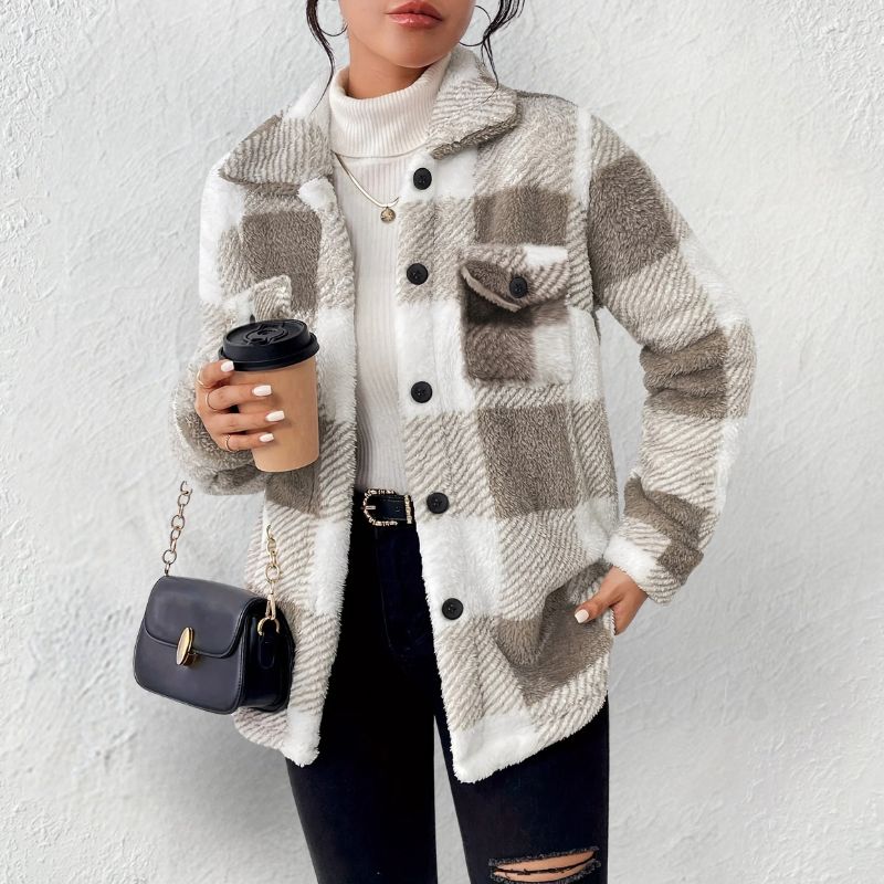 Delia Women’s Winter Jacket – Soft Knit Button-Front Plaid Jacket for Cold Weather