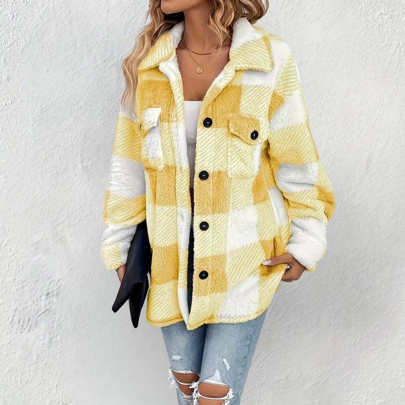 Delia Women’s Winter Jacket – Soft Knit Button-Front Plaid Jacket for Cold Weather