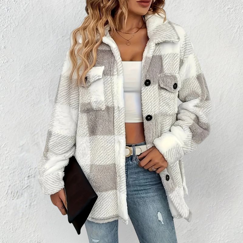 Delia Women’s Winter Jacket – Soft Knit Button-Front Plaid Jacket for Cold Weather