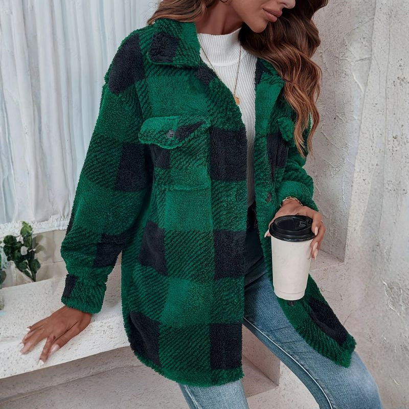 Delia Women’s Winter Jacket – Soft Knit Button-Front Plaid Jacket for Cold Weather