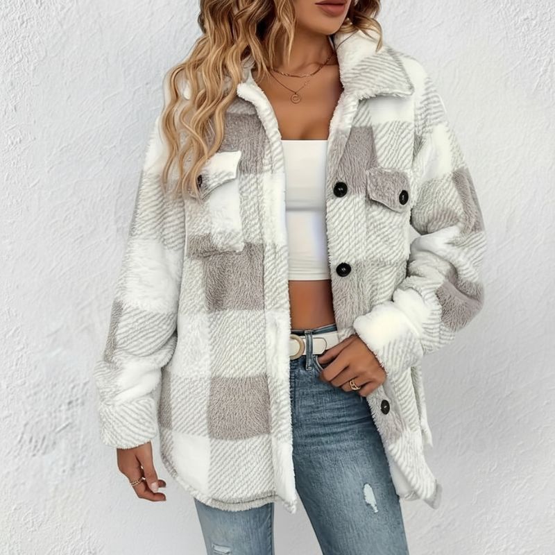 Delia Women’s Winter Jacket – Soft Knit Button-Front Plaid Jacket for Cold Weather