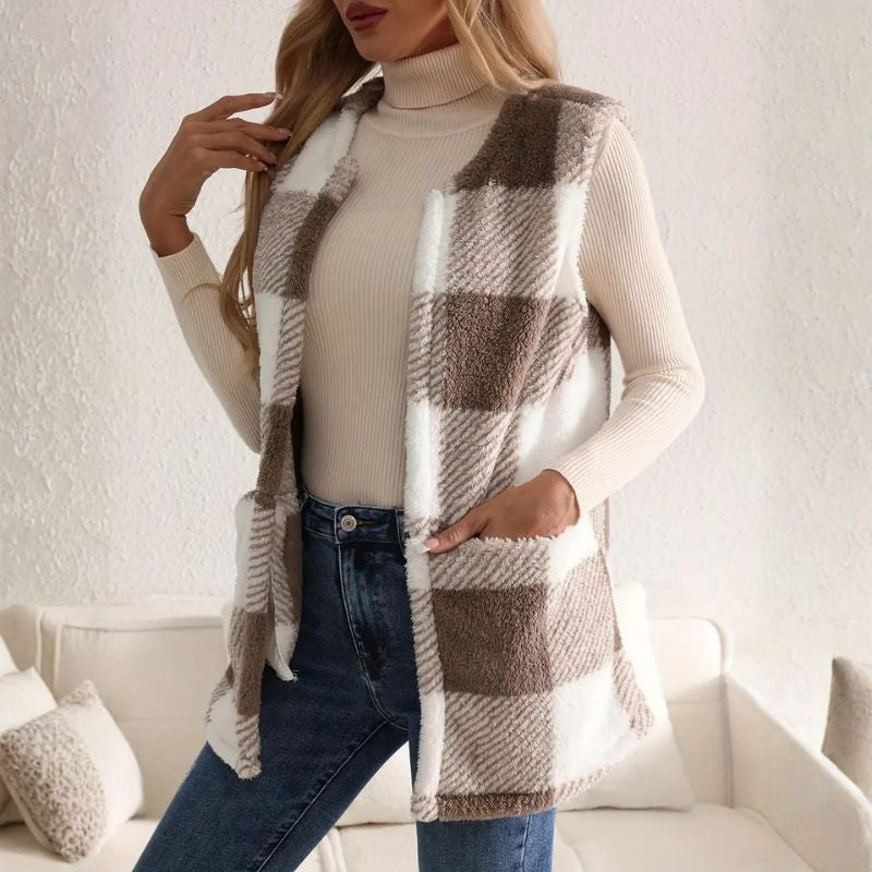 Evelyn Women’s Fleece Vest – Sherpa Checkered Vest for Cozy Winter Layering