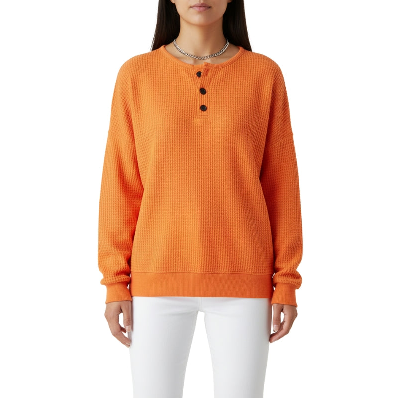 Dahlia Women’s Pullover Sweater – Soft Waffle Knit Henley for Cozy Everyday Layering