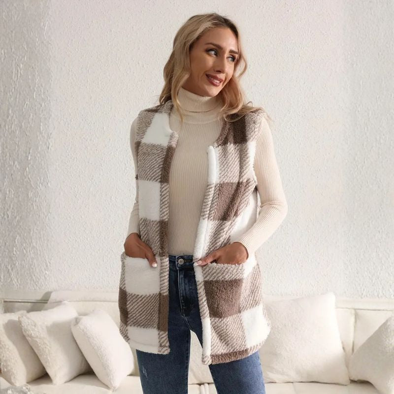 Evelyn Women’s Fleece Vest – Sherpa Checkered Vest for Cozy Winter Layering