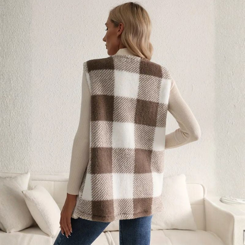 Evelyn Women’s Fleece Vest – Sherpa Checkered Vest for Cozy Winter Layering