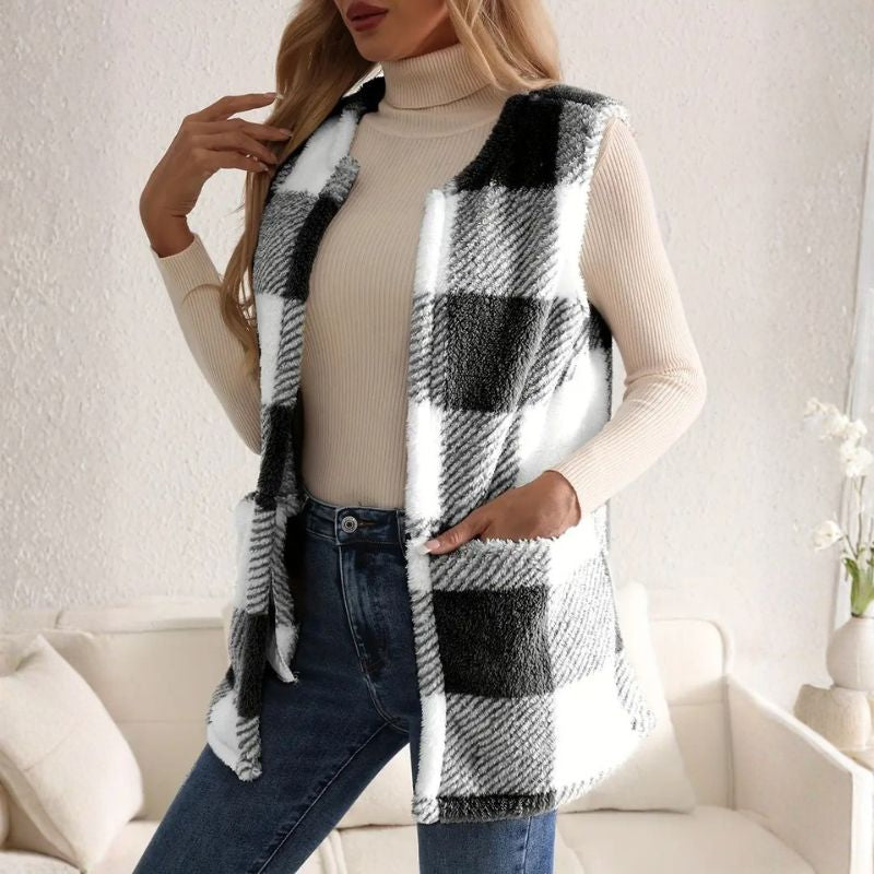 Evelyn Women’s Fleece Vest – Sherpa Checkered Vest for Cozy Winter Layering