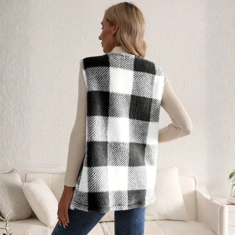 Evelyn Women’s Fleece Vest – Sherpa Checkered Vest for Cozy Winter Layering