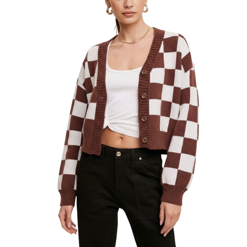 Firuze Women’s Cropped Cardigan – Checkered Cotton Button-Up Sweater