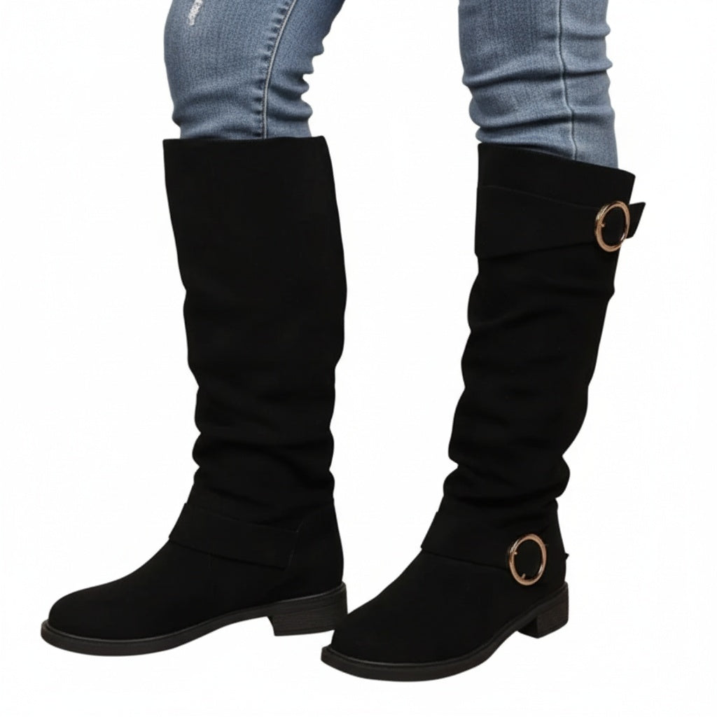 Elana Women’s Knee High Boots – Slouch Pull-On Winter Boots with Buckle Detail