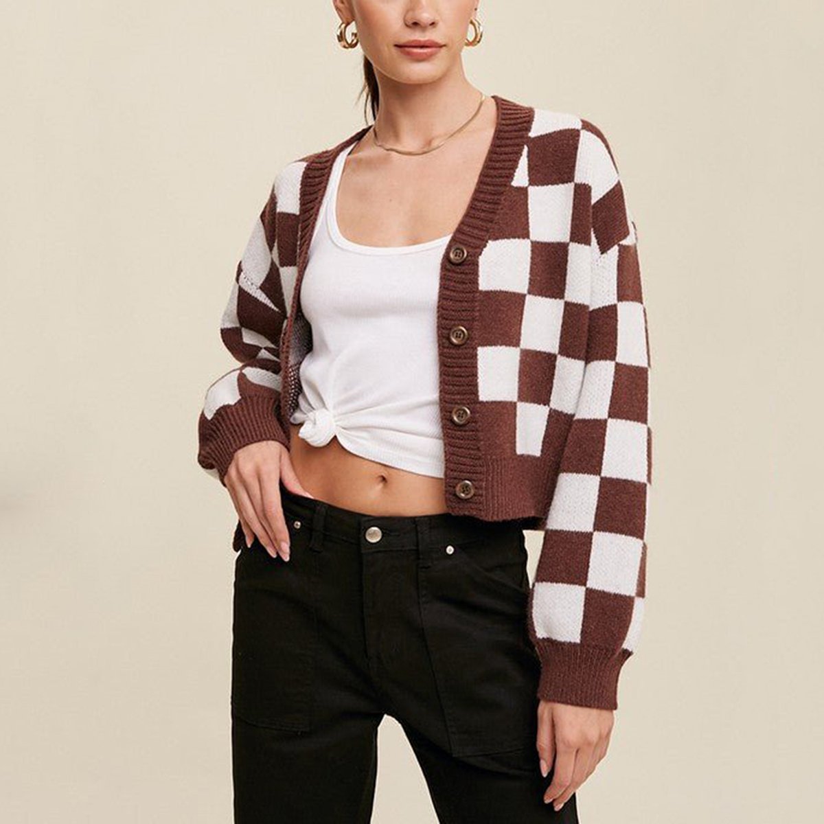 Firuze Women’s Cropped Cardigan – Checkered Cotton Button-Up Sweater