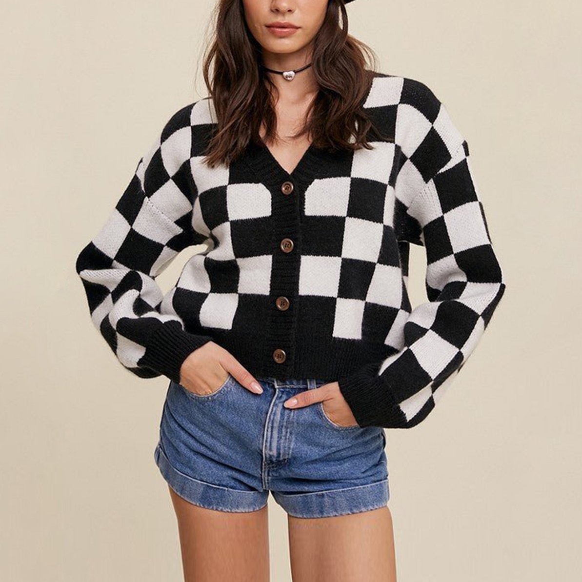 Firuze Women’s Cropped Cardigan – Checkered Cotton Button-Up Sweater