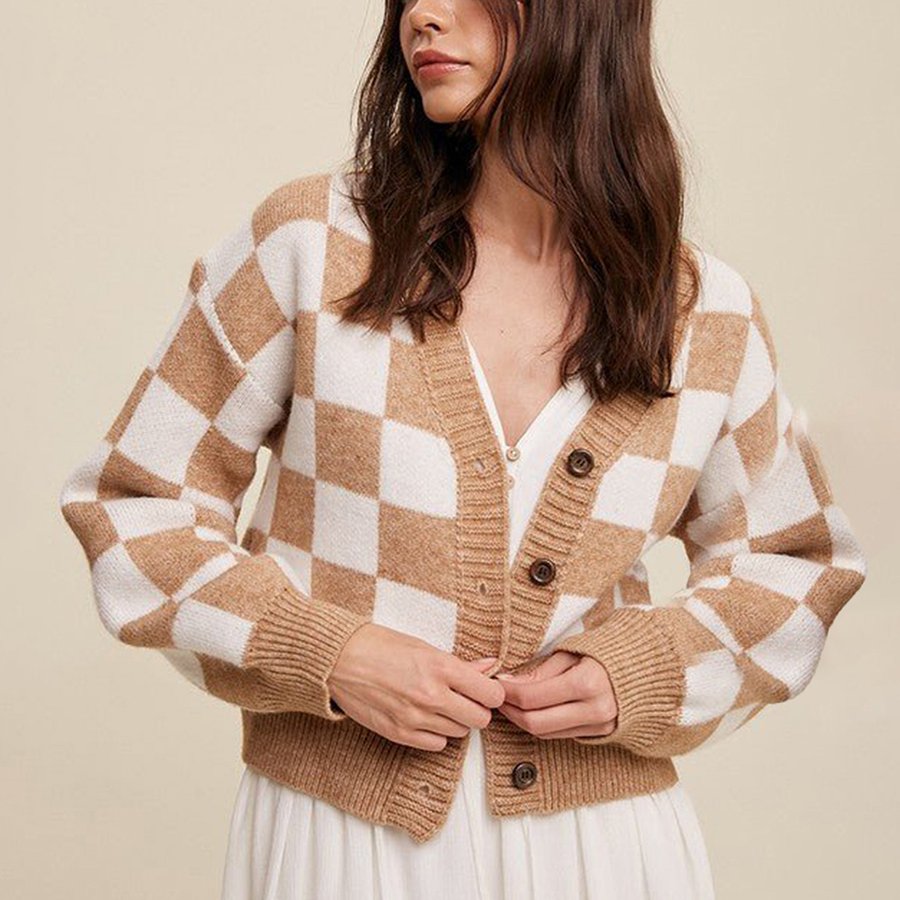 Firuze Women’s Cropped Cardigan – Checkered Cotton Button-Up Sweater