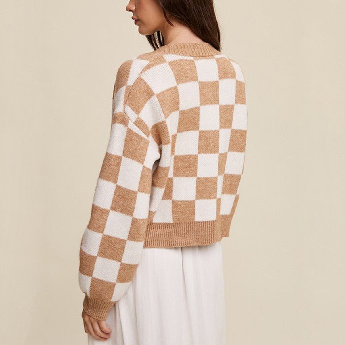 Firuze Women’s Cropped Cardigan – Checkered Cotton Button-Up Sweater