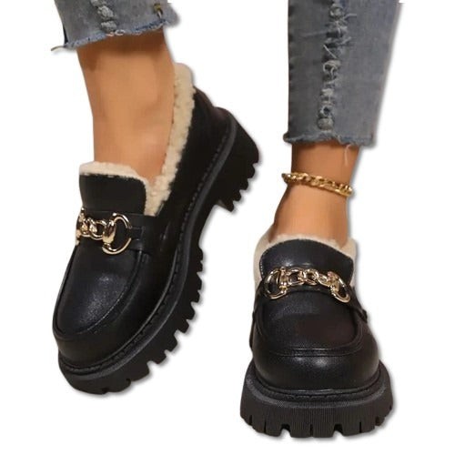 Harper Women’s Winter Loafers – Cozy Slip-Ons with Gold Chain Accent