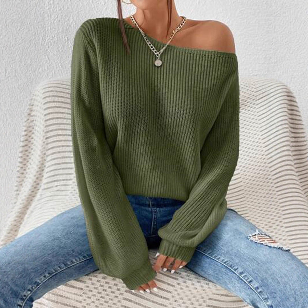 Celeste Women's Pullover Sweater – Off-Shoulder Ribbed Knit Sweater for Relaxed Fit