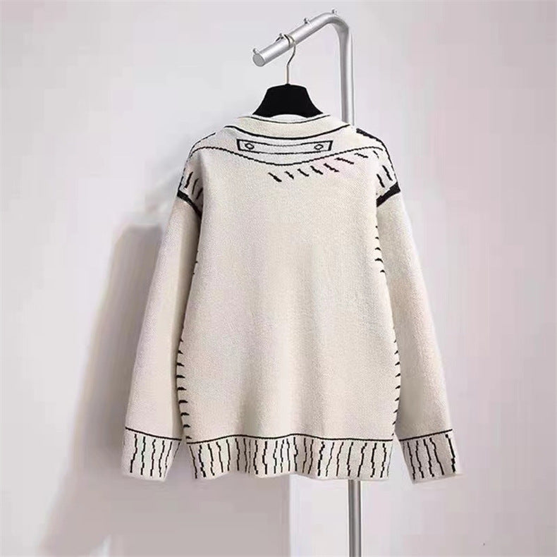 Clara Women’s Wool Knit Cardigan – Soft Oversized V-Neck Sweater with Graphic Detail