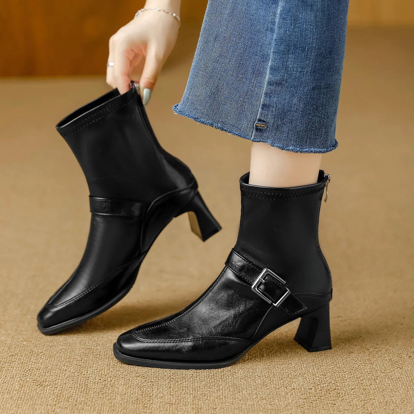 Clara Women’s Vegan Leather Ankle Boots – Buckle Detail Block Heel Booties for Fall and Winter Fashion