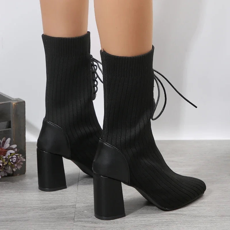 Chelsy Stretch Knit Ankle Boots – Pointed Toe & Block Heel Women’s Boots
