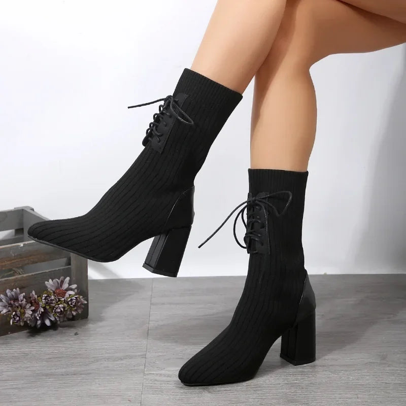 Chelsy Stretch Knit Ankle Boots – Pointed Toe & Block Heel Women’s Boots