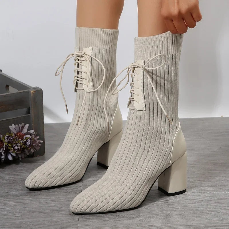 Chelsy Stretch Knit Ankle Boots – Pointed Toe & Block Heel Women’s Boots
