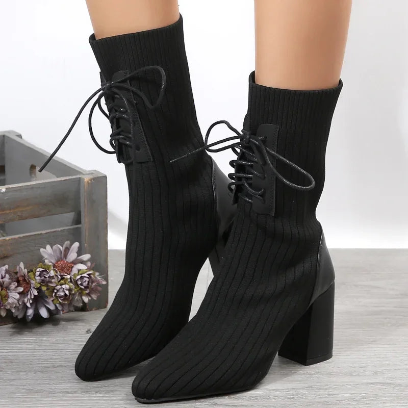 Chelsy Stretch Knit Ankle Boots – Pointed Toe & Block Heel Women’s Boots